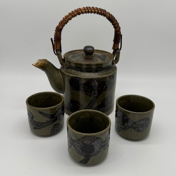 Other - Vintage Japanese Studio Pottery Teapot 3 Cup Set Wabi Sabi Reed Cane Handle